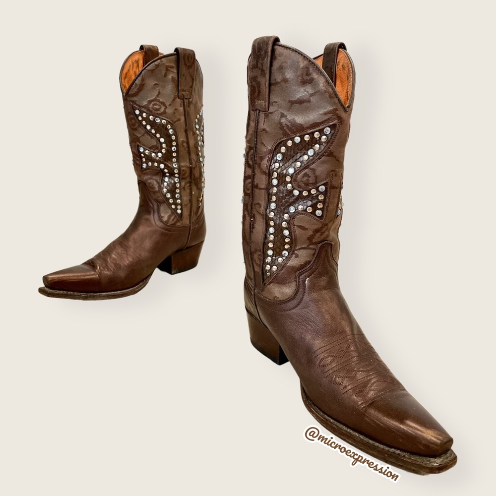 $429 Frye Daisy Duke Floral Metallic Brown Tan Rhinestone Pull On Cowboy Boot - Picture 14 of 16